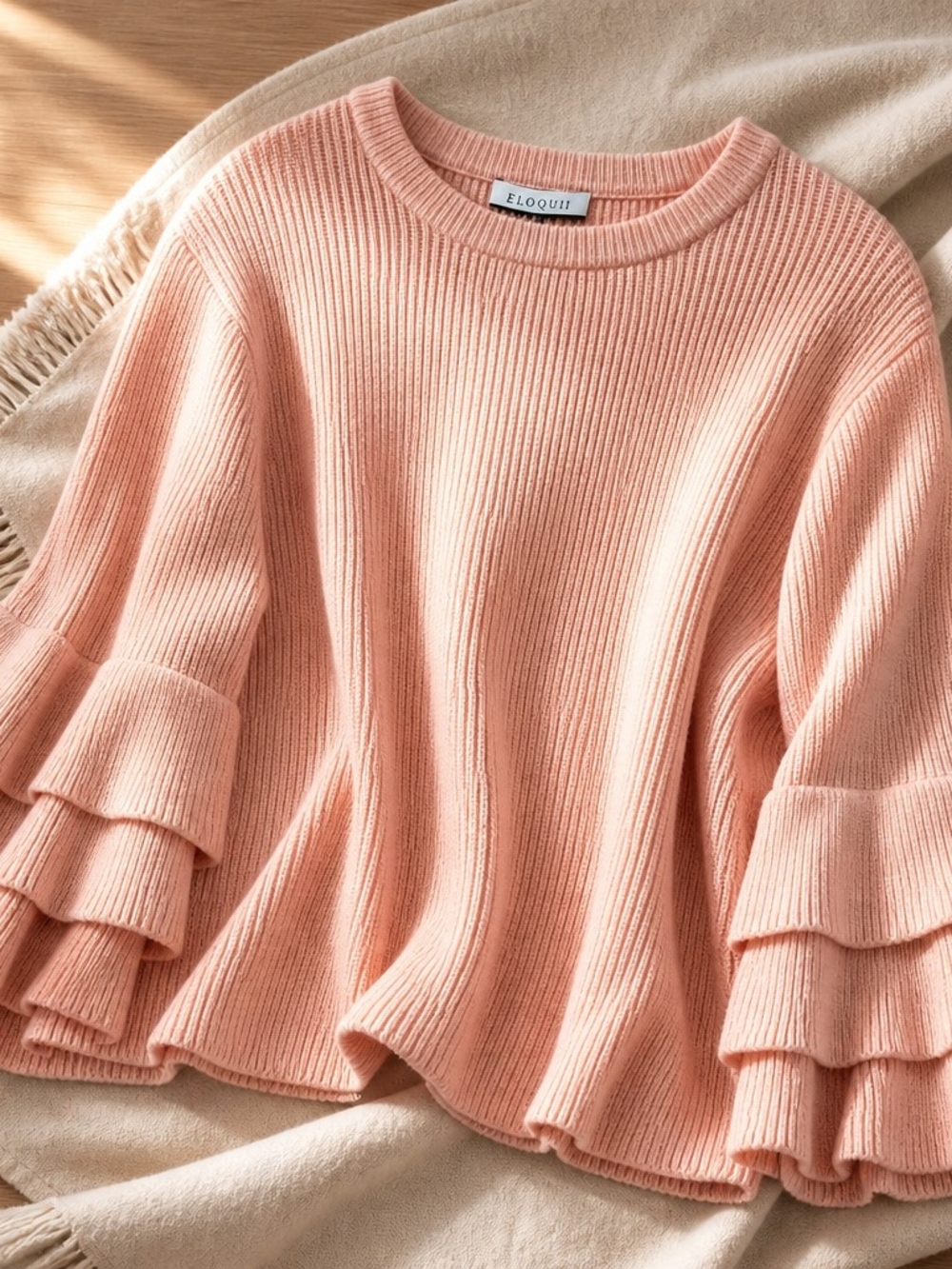 ELOQUILL Elements Plus Size 22/24 Peachy Pink Ruffle Bell Sleeve Sweater NWT - Picture 14 of 16